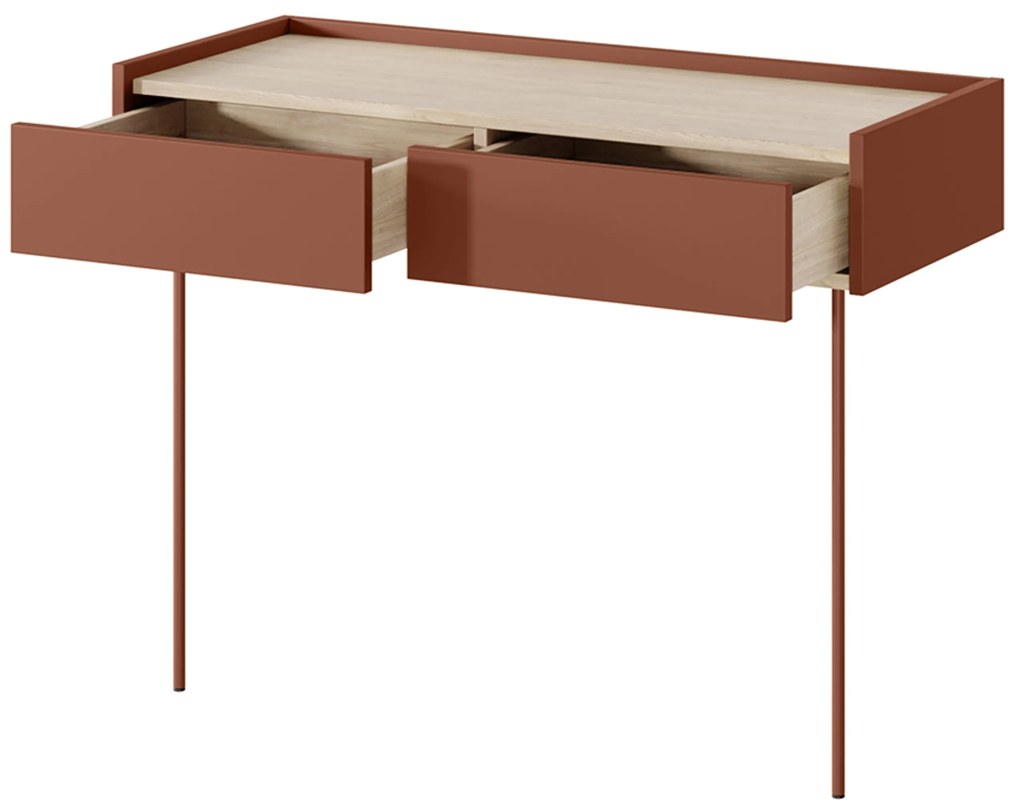 Toaletka Desin 100 cm z szufladami i metalowymi nogami - ceramic red / dąb nagano