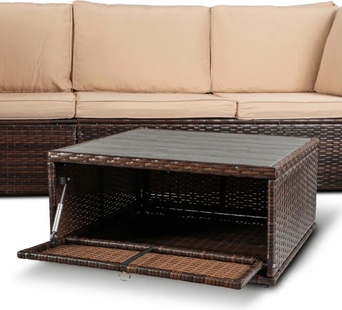 Zestaw Mebli Ogrodowych CALIENTE Modułowy Sofa 2x Fotel Stolik Tarasowy Brązowy/Beżowy Technorattan Nowoczesny