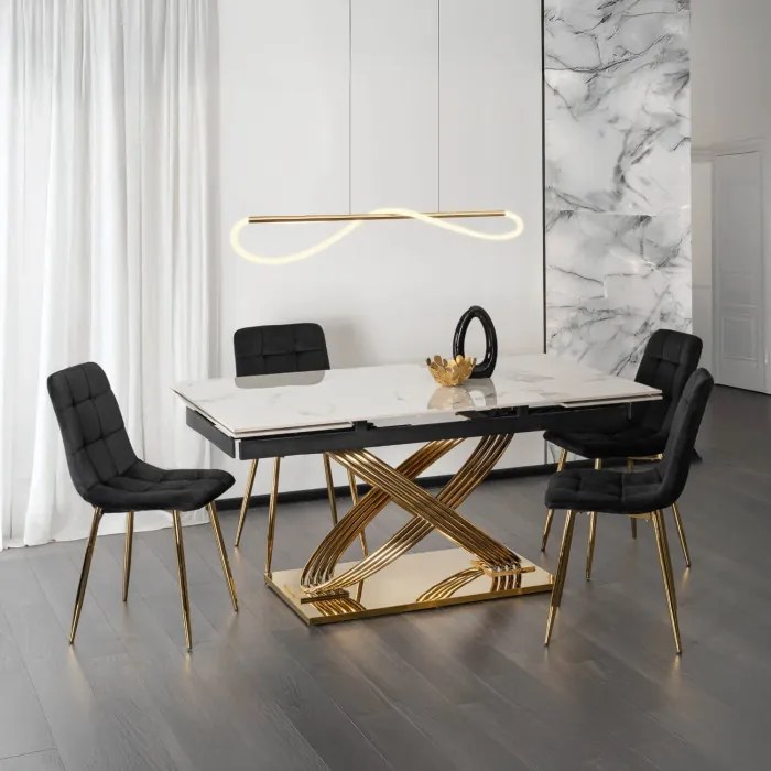 Stół Rozkładany Prostokątny IBIZA 160-240 cm Ceramiczny Biały Marmur/Złoty do Jadalni Nowoczesny Glamour
