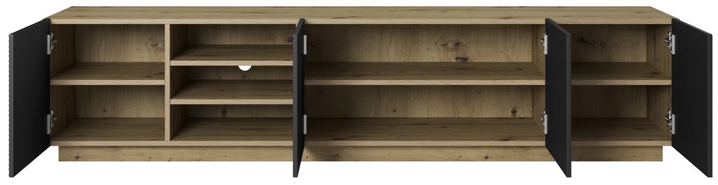 Szafka RTV Asha 200 cm z ryflowanym frontem i wnęką - artisan / czarny mat