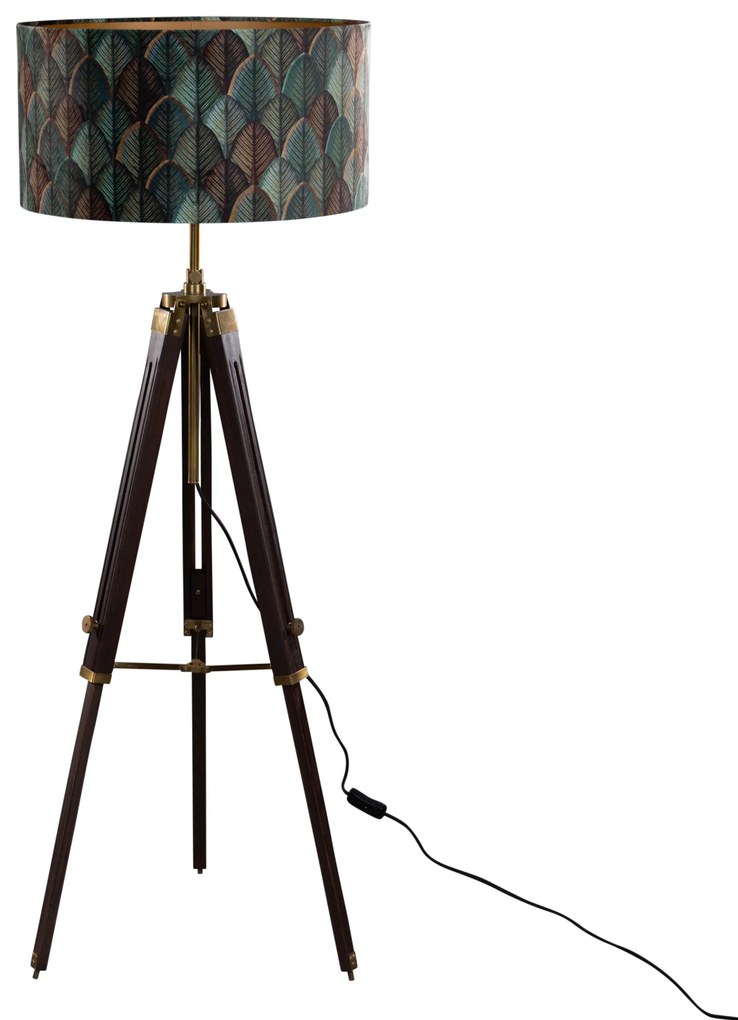 Mosiężna lampa podłogowa na trójnogu z aksamitnym abażurem w kształcie liścia i złotym wnętrzem - Cortin klasyczny/Antyczny Oswietlenie wewnetrzne