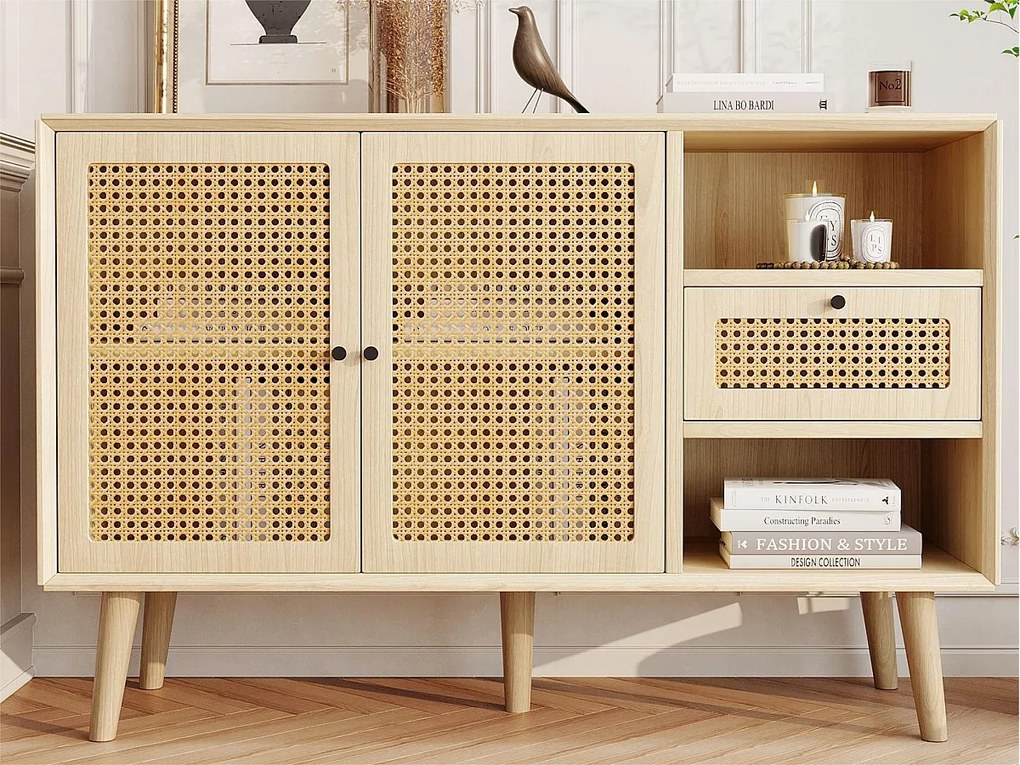 Bufet z 1 szufladą, 2 wnękami i 3 drzwiami z plecionego rattanu - półki regulowane - Naturalny