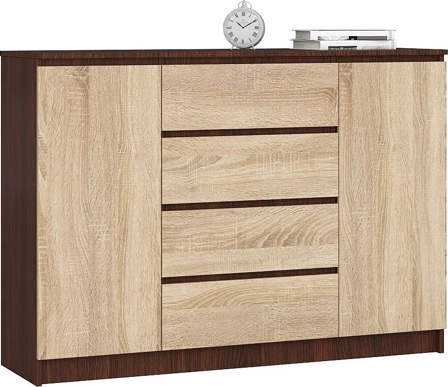 Komoda AKORD K140 Wenge 138 cm 2 drzwi 4 szuflady kolor Dąb Sonoma mat 4 półki 138x40x99 cm