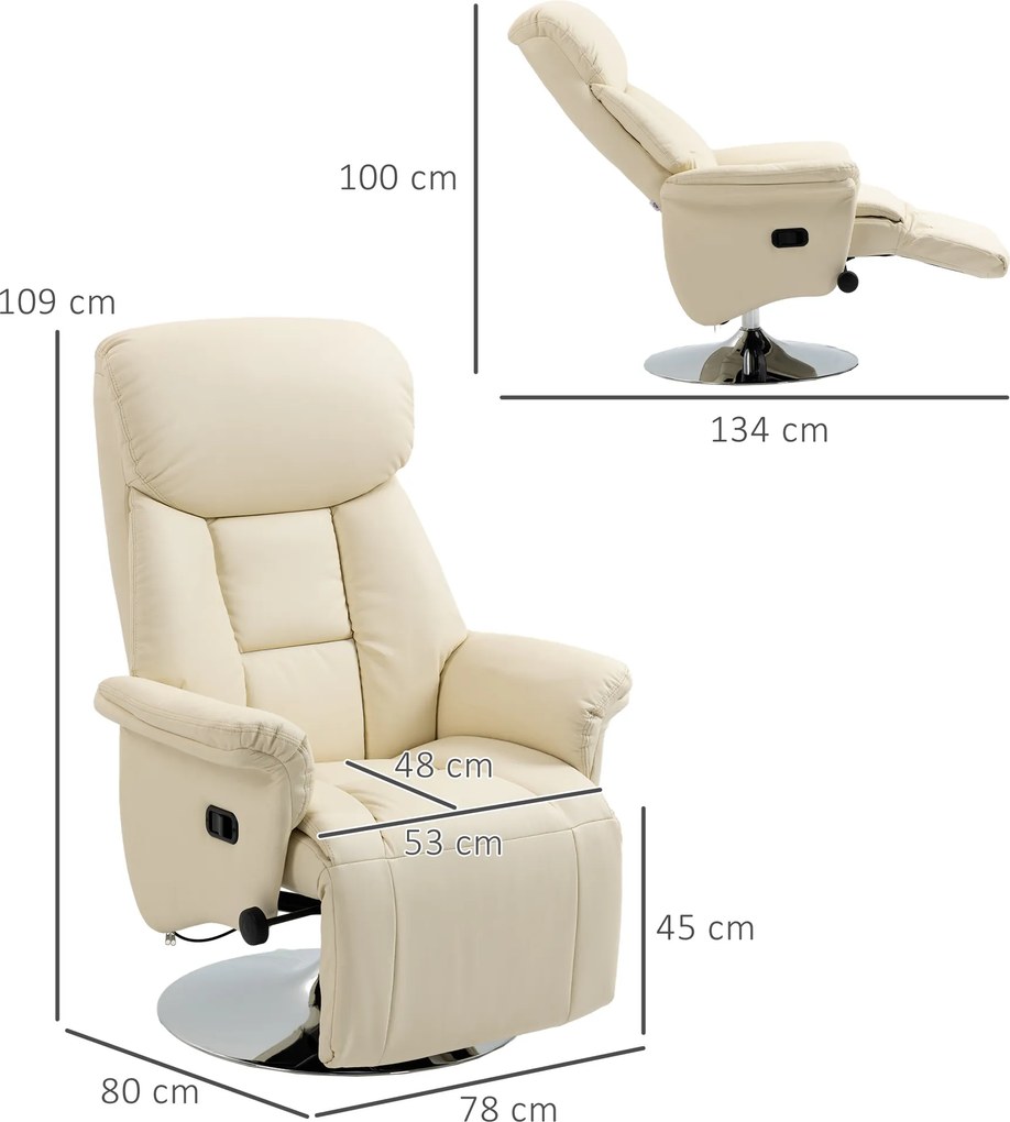 HOMCOM Fotel relaksacyjny, funkcja leżenia, wygląd skóry, podnóżek, do 150 kg, 78 x 80 x 109 cm, Kremowy | Aosom PL