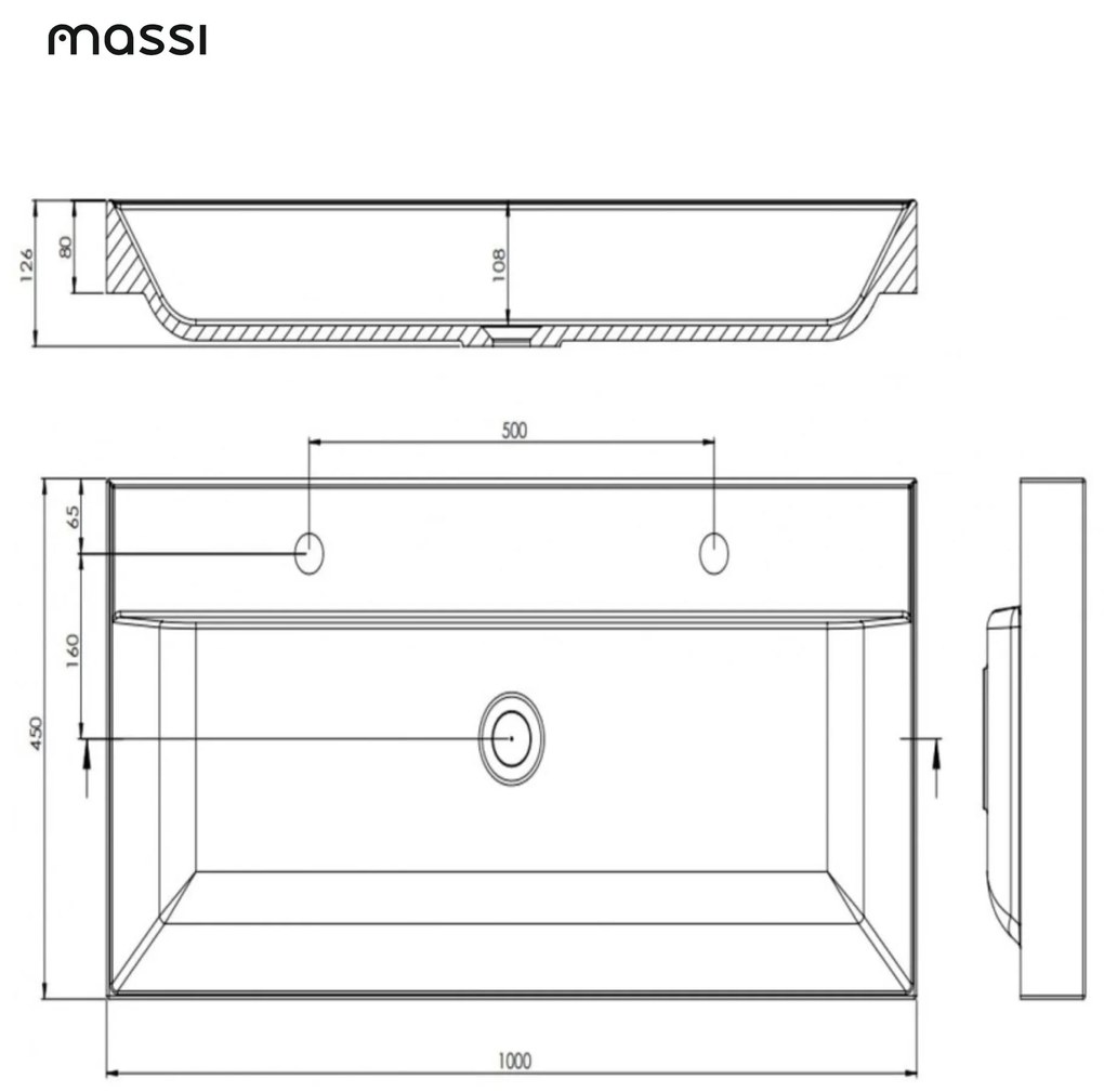 Umywalka z konglomeratu blatowa prostokątna biała NAVI | Różne rozmiary | Z otworem na baterię lub bez : Otwór na baterię - Bez otworów, Rozmiar - 100 x 45 cm