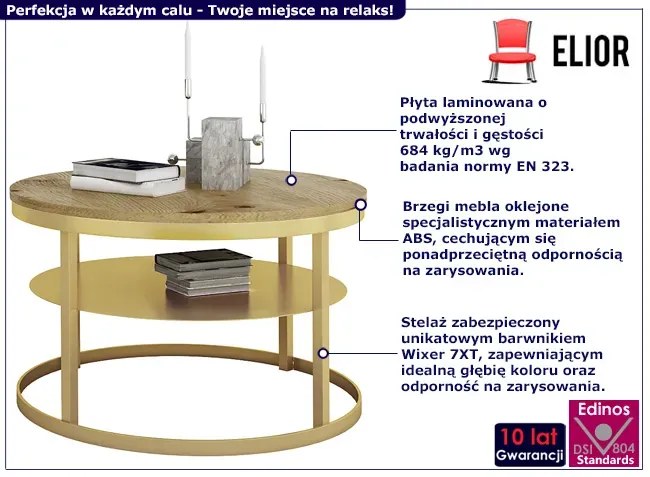Okrągły stolik kawowy z półką złoty + dąb artisan - Selpa 3X