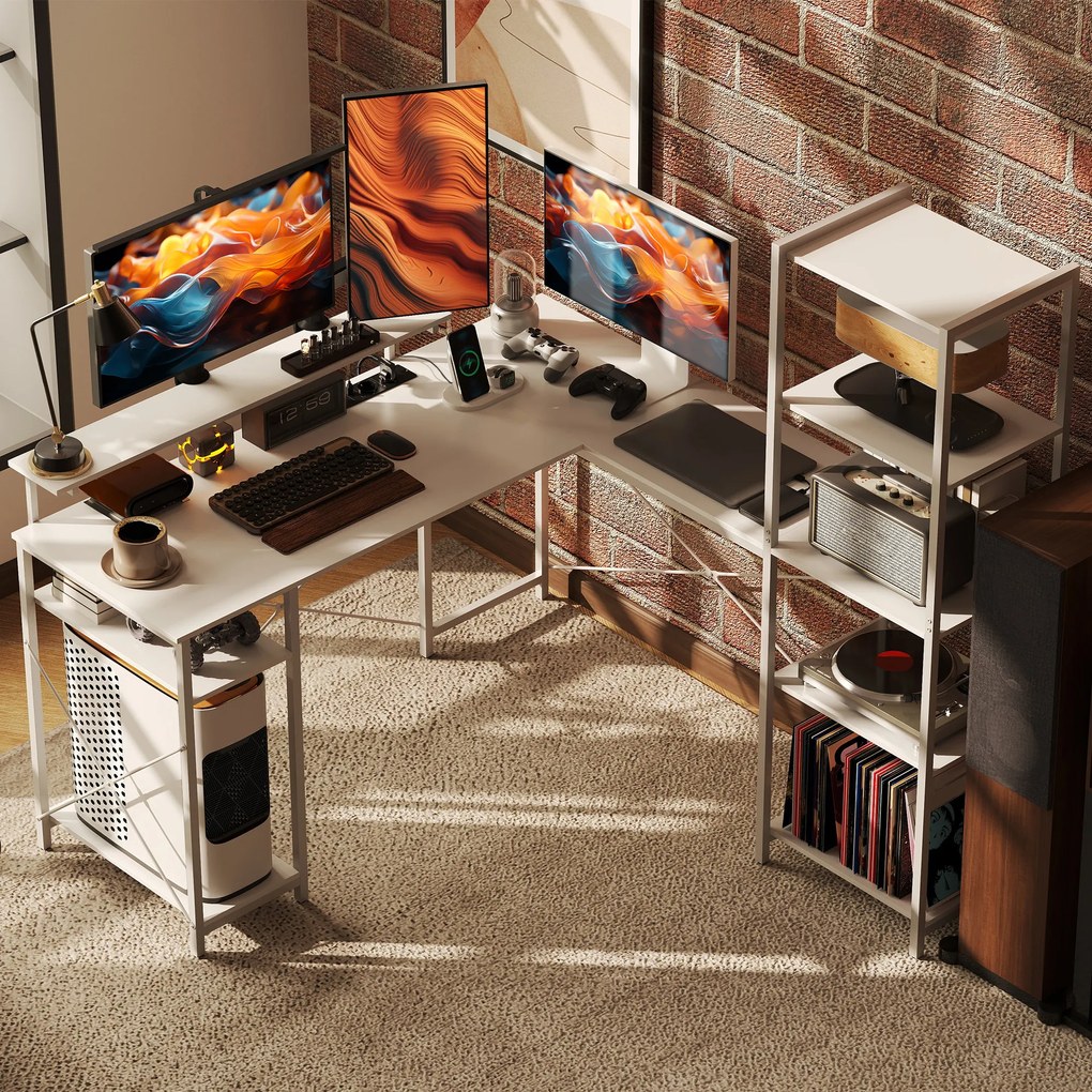 HOMCOM L-kształtne biurko narożne z zintegrowanym gniazdkiem, stojakiem na monitor i półką na przechowywanie, biały