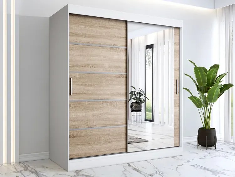 Szafa przesuwna 180 cm biel + dąb sonoma K9-A35