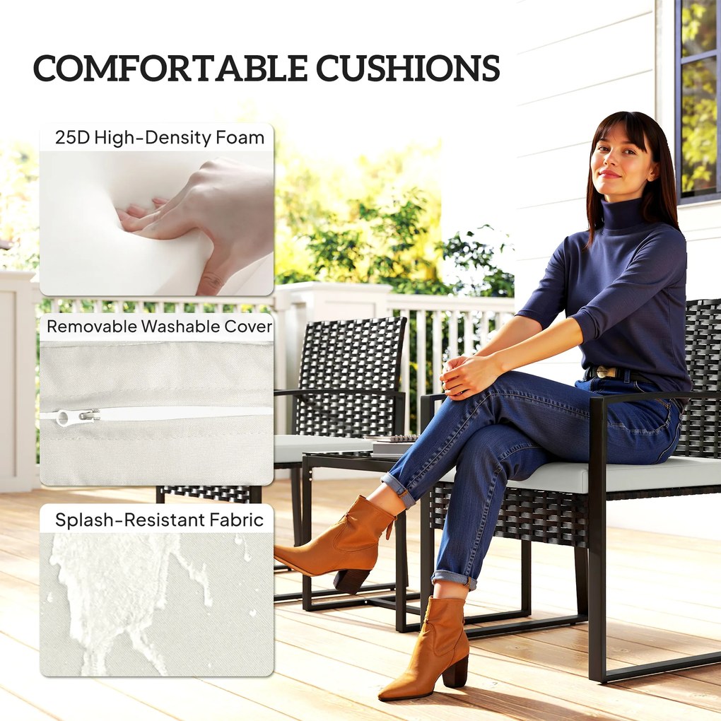 Outsunny Zestaw bistro z rattanu, 3-częściowy zestaw mebli ogrodowych z 2 krzesłami, stolik kawowy, odpinane poduszki, kremowo-biały | Aosom PL