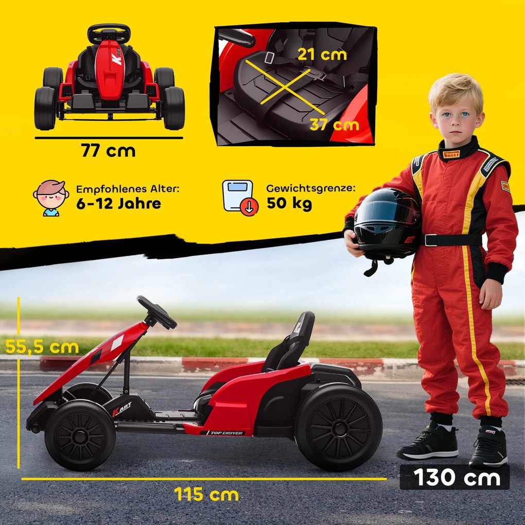 AIYAPLAY Gokart elektryczny 24 V, tryb driftu, regulowane siedzenie, 5-punktowy pas bezpieczeństwa, funkcja muzyki, klakson, 6-12 lat, czerwony