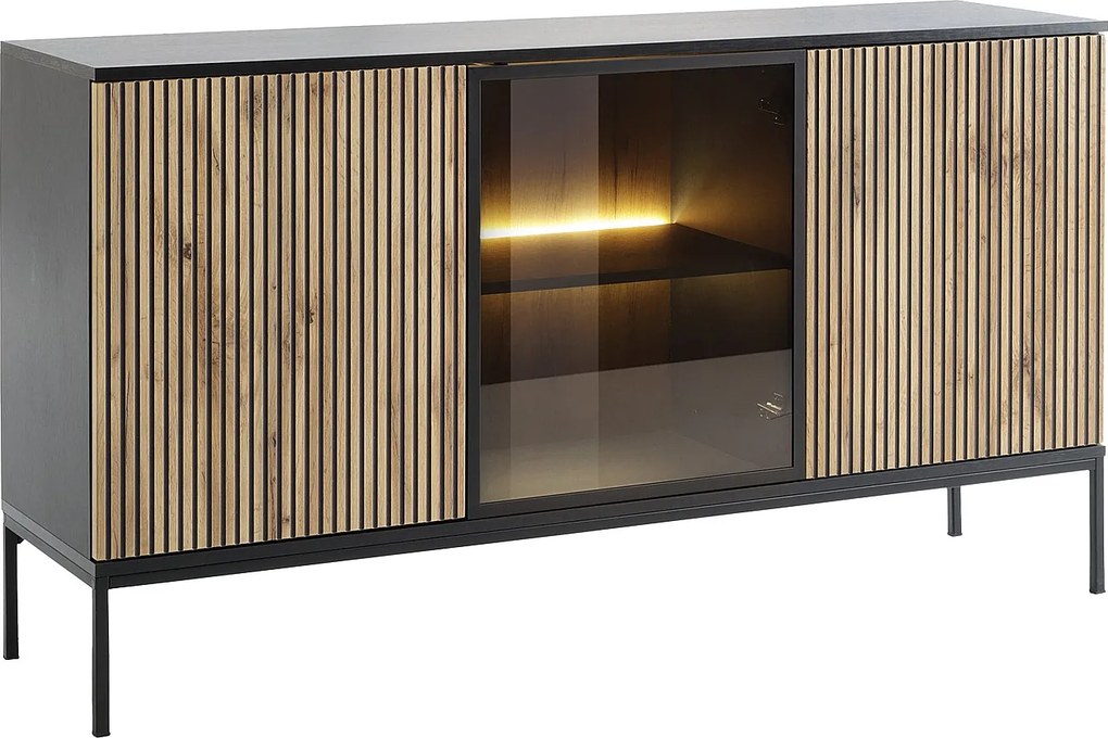 Komoda 3-drzwiowa z oświetleniem LED z MDF i dymionego szkła - Czarny i Naturalny - OVILA