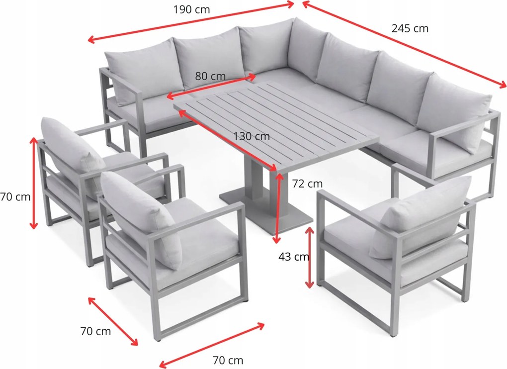 Narożnik ogrodowy Bellagio 001 z fotelami i stołem, szary, poduszki beżowe