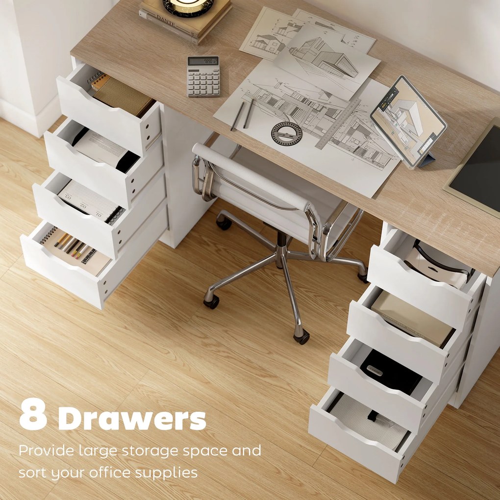 HOMCOM Biurko komputerowe 140 cm z 8 szufladami — białe, nowoczesne