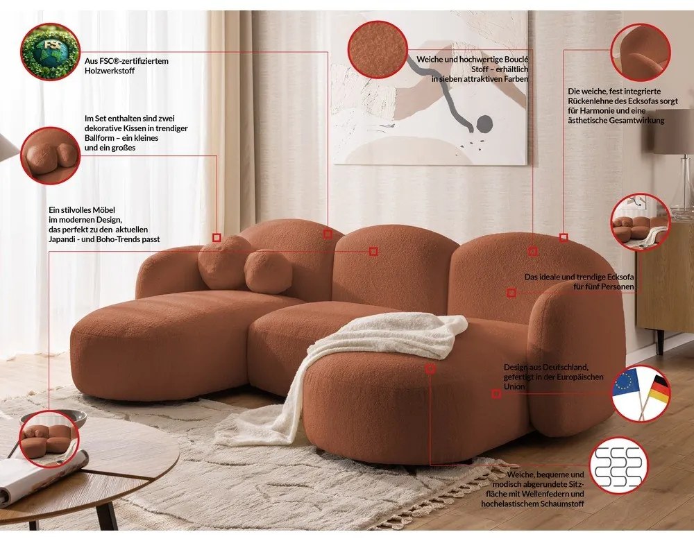 Narożnik z materiału bouclé (w kształcie litery U) w kolorze terakoty Orbit – Ropez