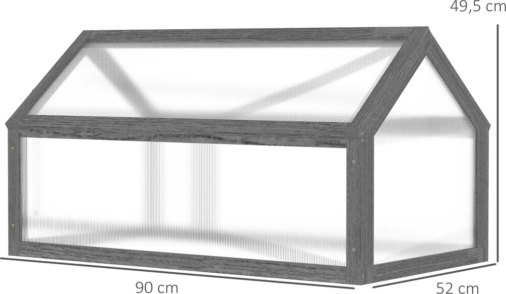 Outsunny Mini Szklarnia, Kompaktowy Domek dla Roślin z Drewna, Płyty Polikarbonatowe, Otwierany Dach, 90Dł x 52Szer x 49,5Wys cm, Szary