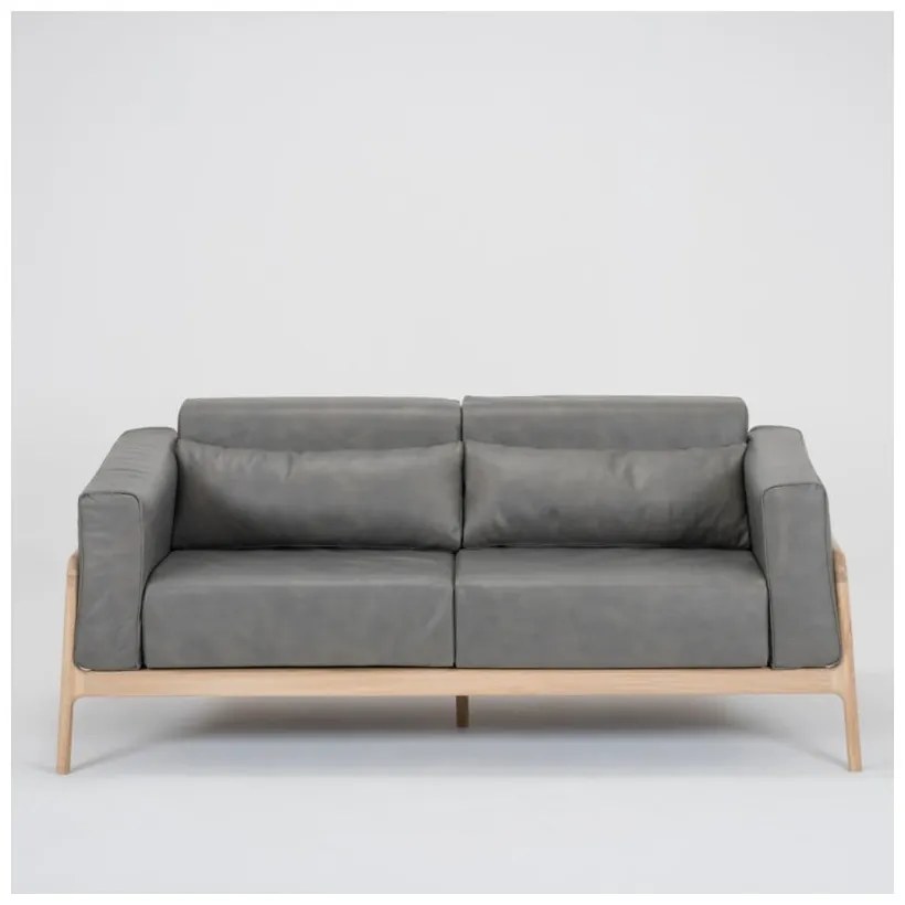 Ciemnoszara sofa z bawolej skóry z konstrukcją z litego drewna dębowego Gazzda Fawn, 180 cm
