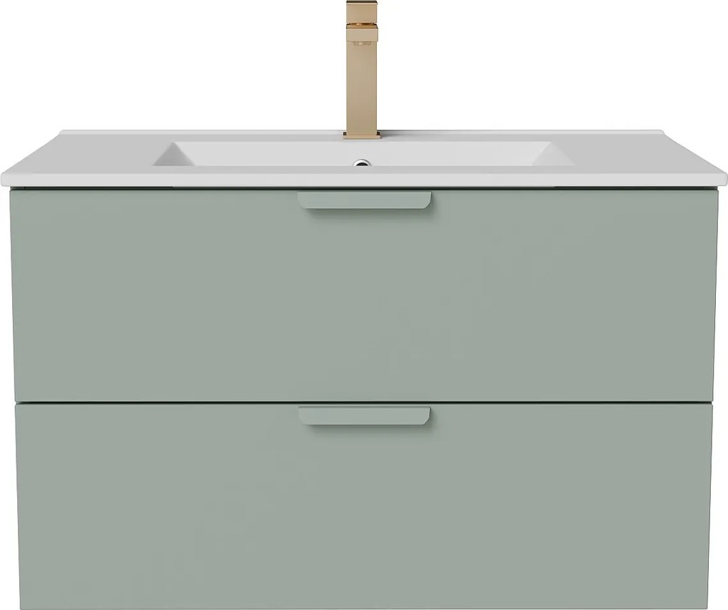 Wisząca szafka łazienkowa z umywalką do zabudowy i baterią – Zielony szałwiowy – Szer80 cm – AVORELI