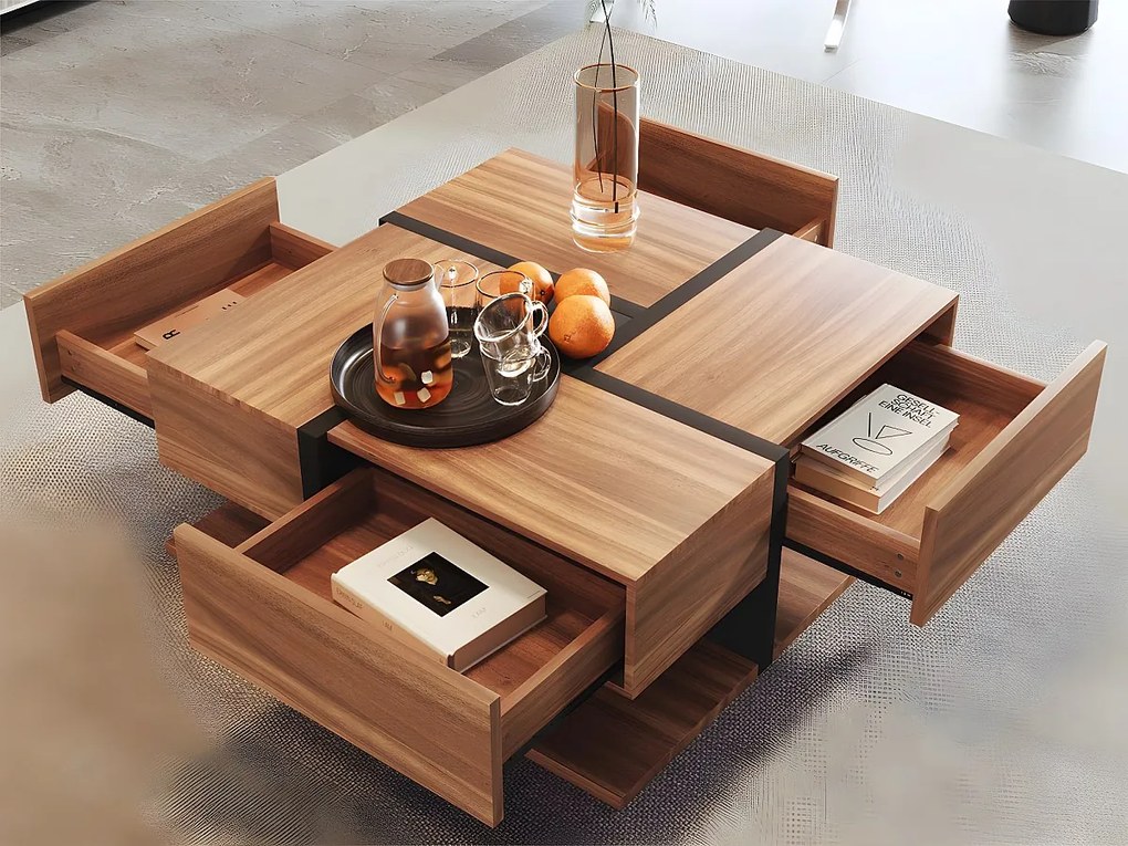 Stolik kawowy - 4 szuflady - przestrzeń do przechowywania na dole - 78x78x36cm - Naturalny