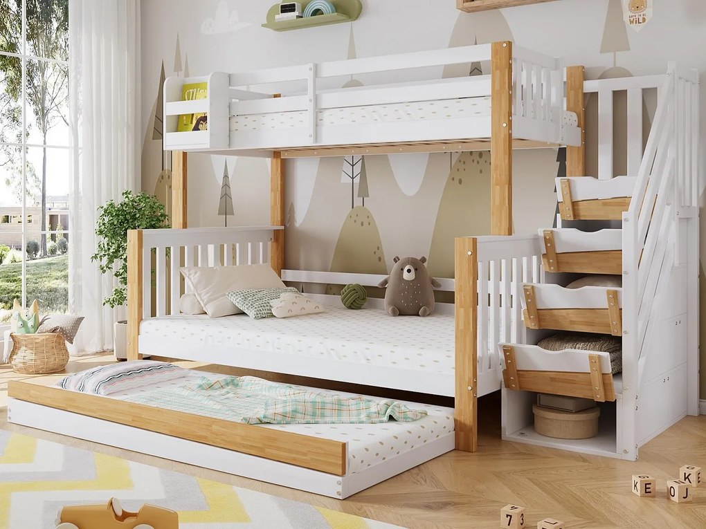 Łóżko piętrowe 90x200cm + 120x200cm + łóżko wysuwane 90x190cm - z schodami do przechowywania - z drewna sosnowego i MDF - Białe i Naturalne
