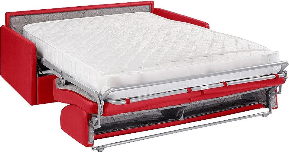 Kanapa 4-osobowa rozkładana typu express z czerwonej ekoskóry z siedziskiem z pianki z pamięcią kształtu - Powierzchnia spania na szerokich listwach 160 cm - Materac 18 cm CALIFE