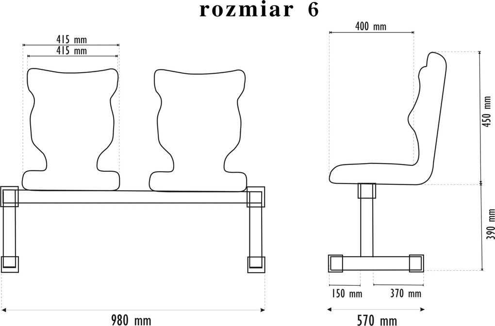 Zestaw siedziskowy - ławka szkolna na korytarz Bench 2-osobowa, rozmiar 4-6, podstawa czarna