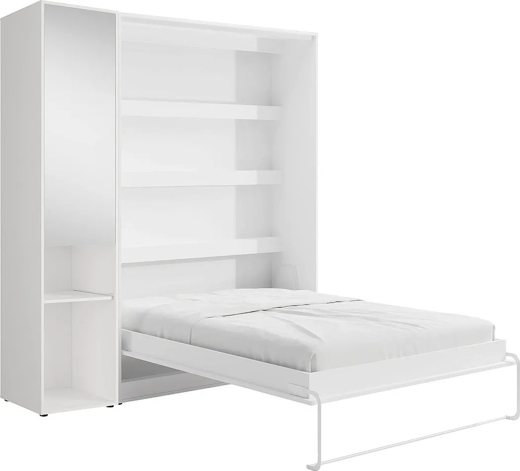 Łóżko chowane w szafie pionowe 160 x 200 cm - 1 kolumna do przechowywania - Z lustrem i oświetleniem LED - Białe - RAPILI
