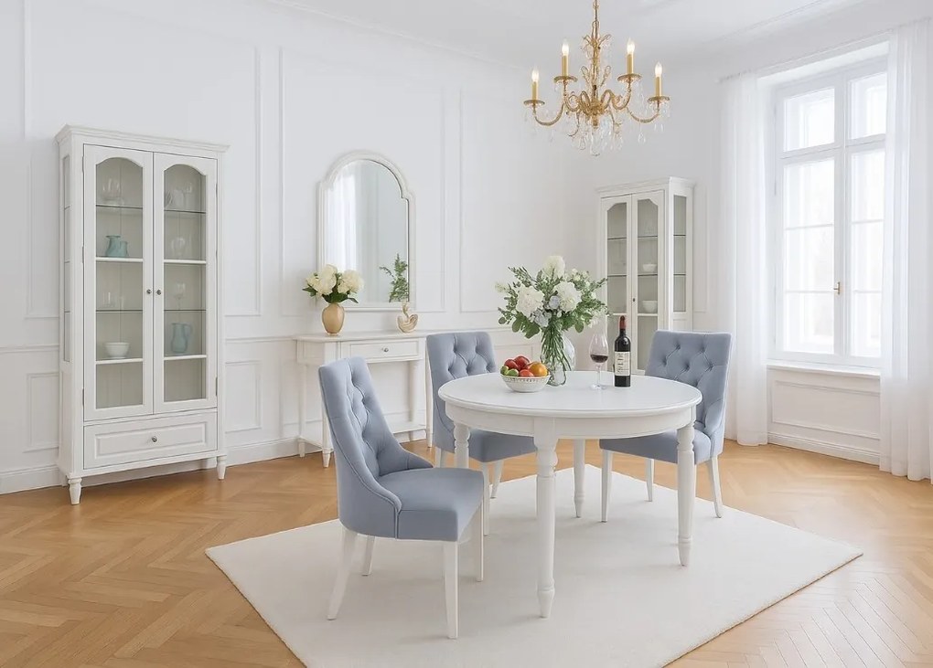 Elegancki stół jadalniany Flora średnica120 cm, wysokość 78 cm. Biały lakierowany, z delikatnymi sztukateriami i toczonymi nogami, ponadczasowa elegancja w Twojej jadalni.