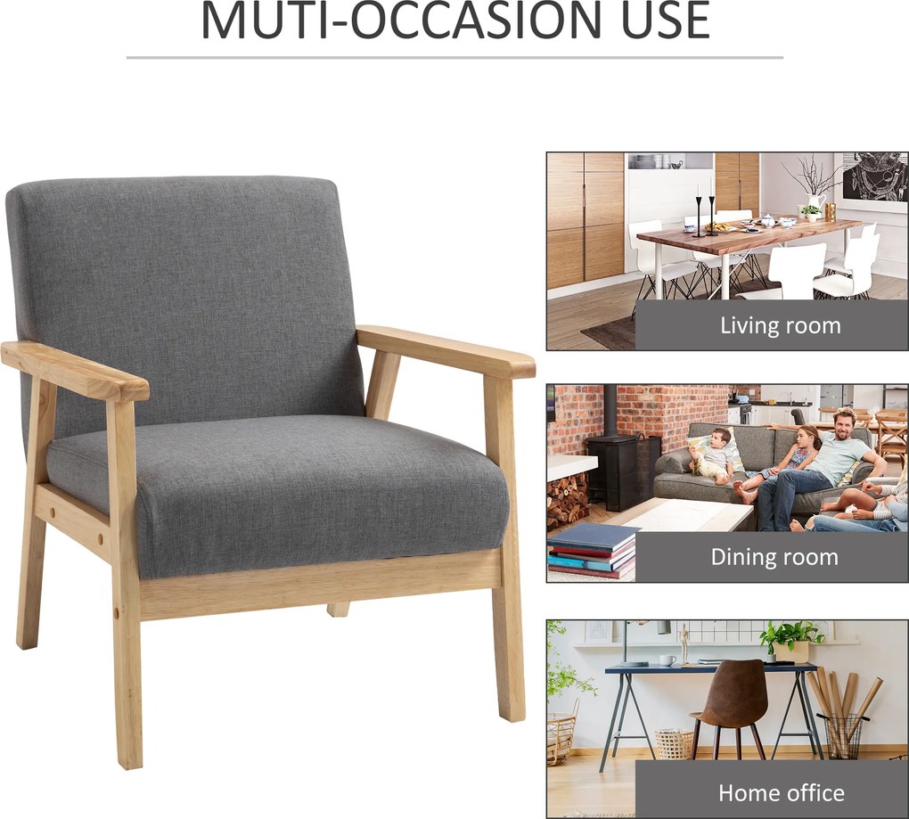 HOMCOM Stylowy Fotel Skandynawski - Lite Drewno, Imitacja Lnu, Szary Kolor, Akcentowy Design | Aosom PL
