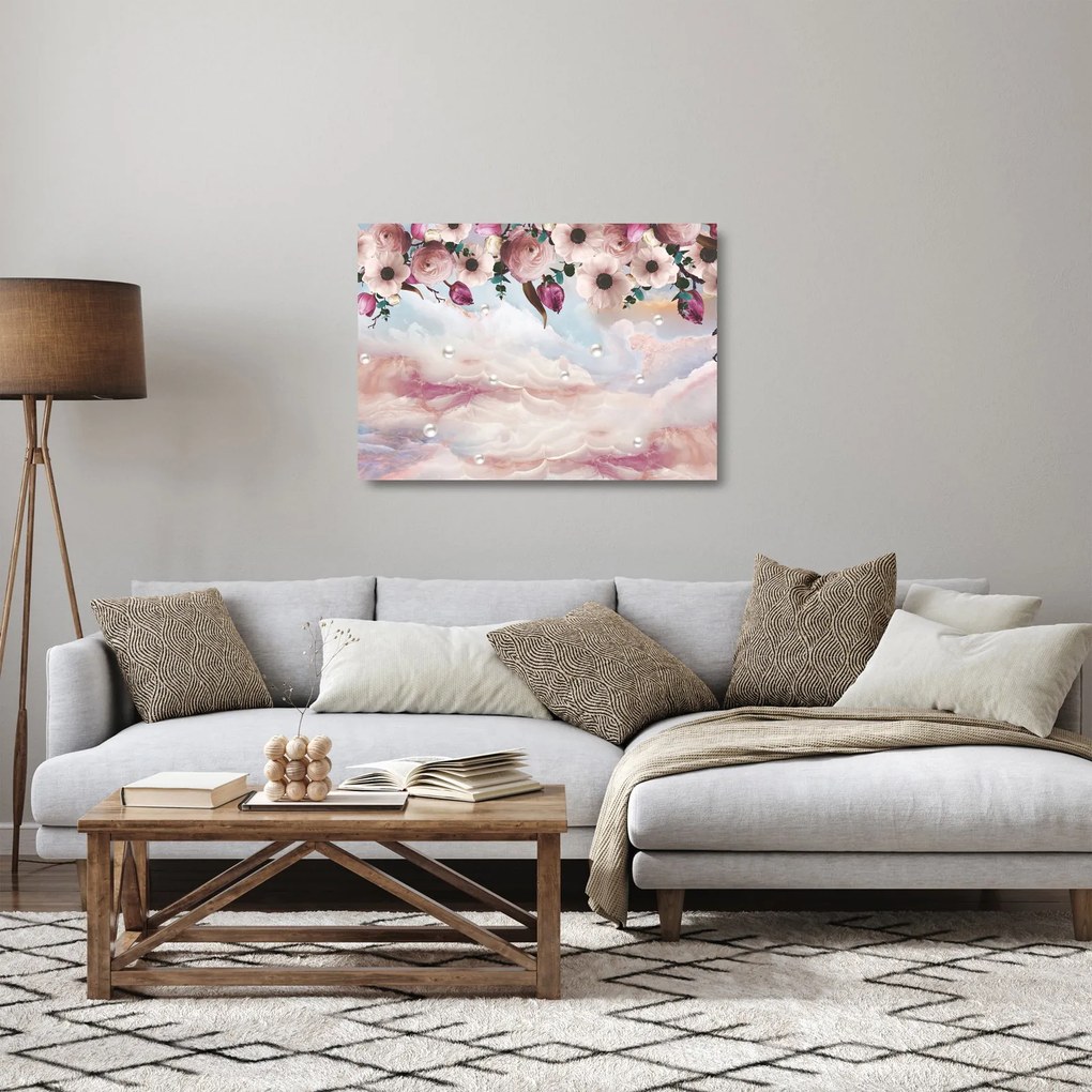 Obraz na szkle różowych kwiatów z różowym marmurem (70x50 cm)