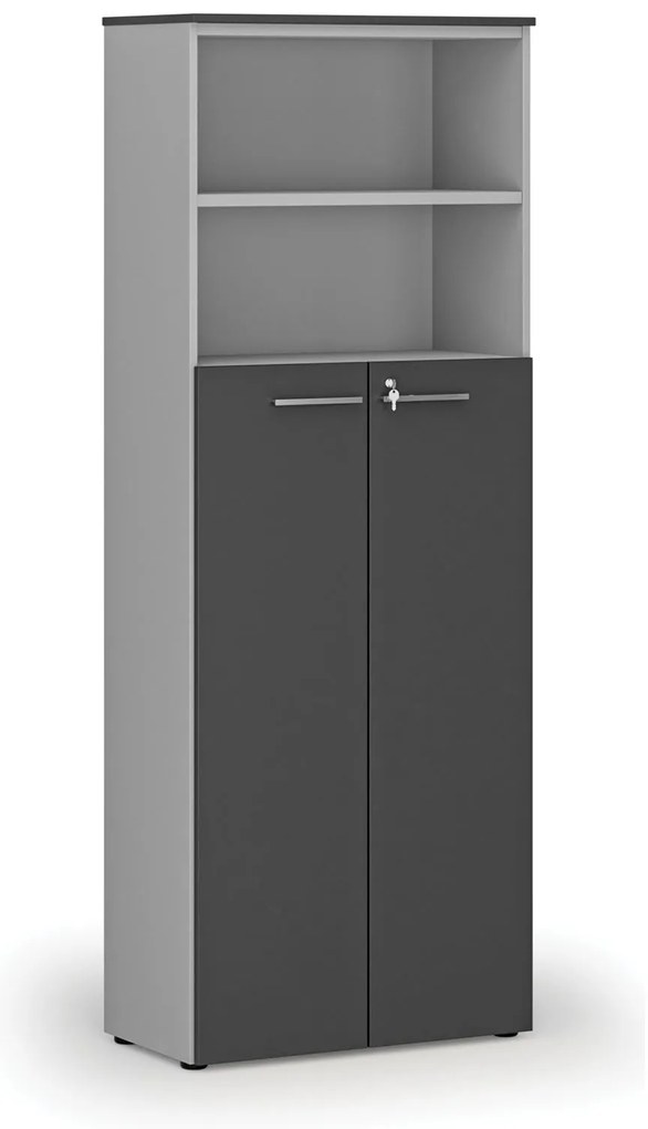 Szafa biurowa kombinowana PRIMO GRAY, drzwi na 4 poziomach, 800 x 420 x 2128 mm, szary/grafit