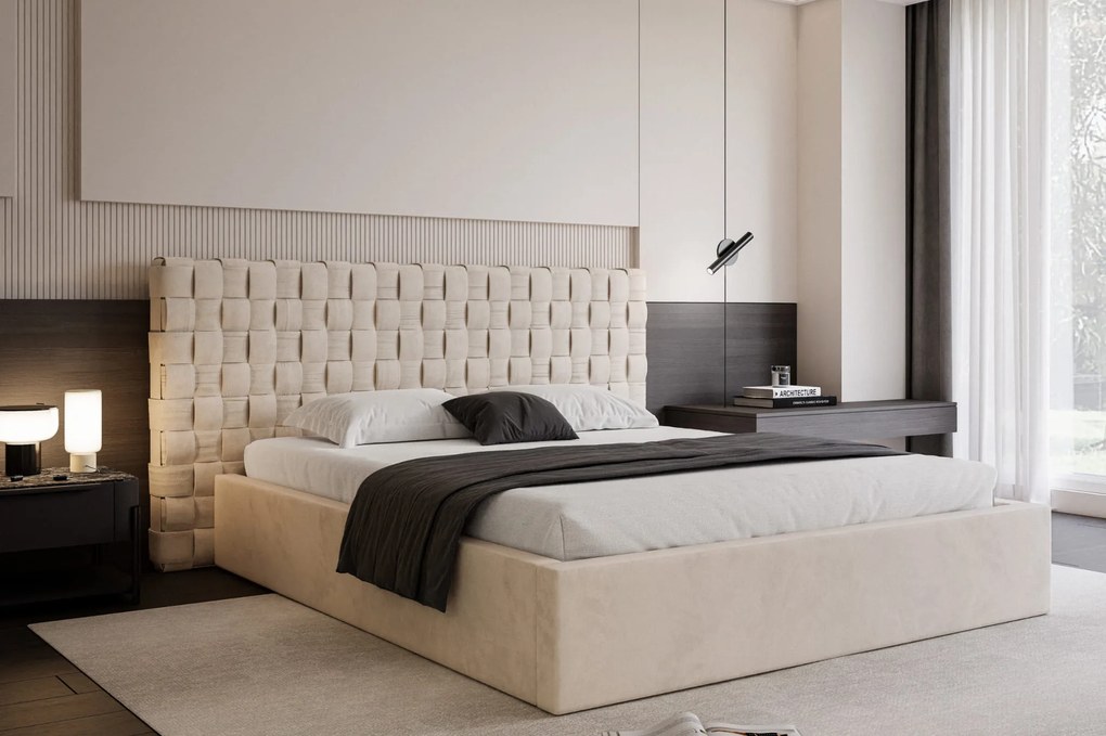 Łóżko tapicerowane ze stelażem i pojemnikiem VIMINI PREMIUM