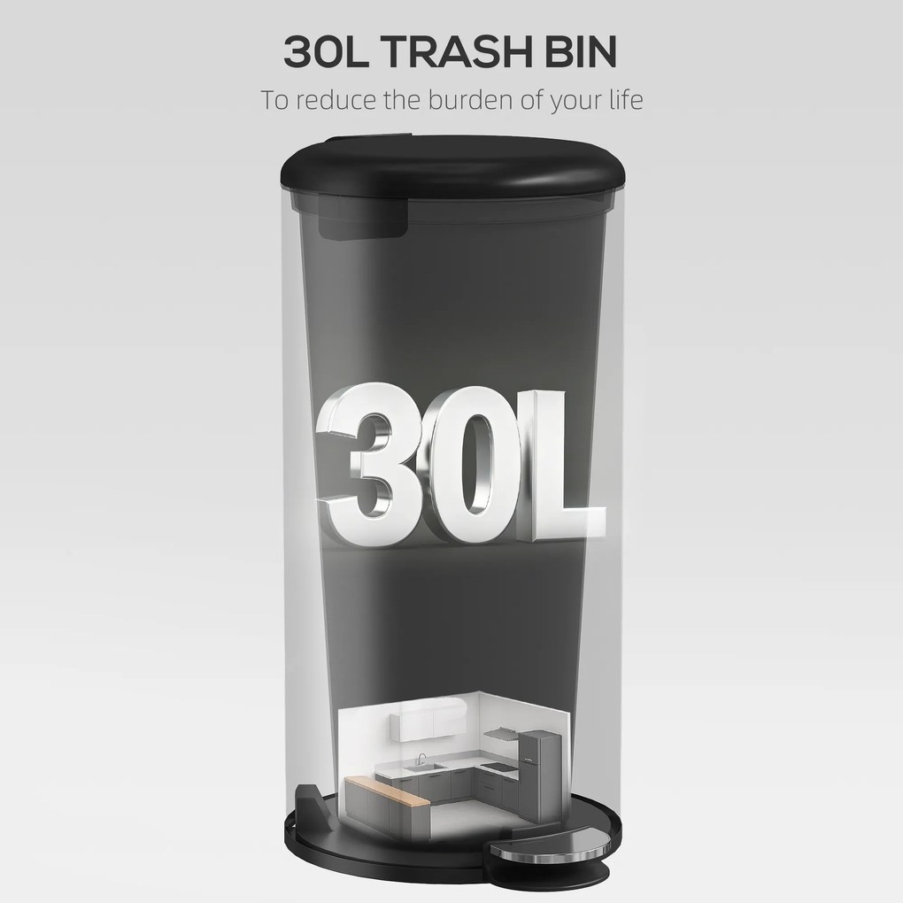 HOMCOM Kosz na śmieci 30 l pedałowy z pokrywą, wkładem wewnętrznym, funkcja miękkiego domyku 36 x 30 x 63,5 cm, czarny | Aosom PL