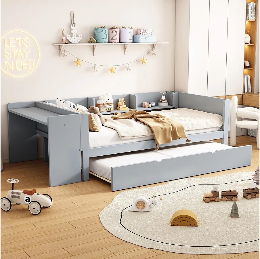 Łóżko wysuwane 90 x 200 cm – łóżko dziecięce z biurkiem i 3 półkami – otwarta przestrzeń do przechowywania – szare drewno
