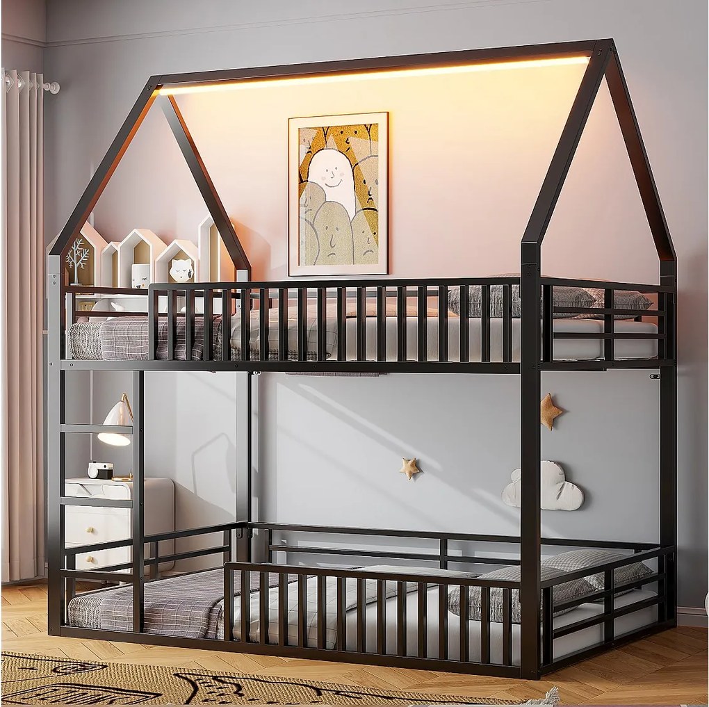 Łóżko piętrowe dla dzieci - 2 x 140 x 200 cm - z barierką + LED - Metalowe - czarne