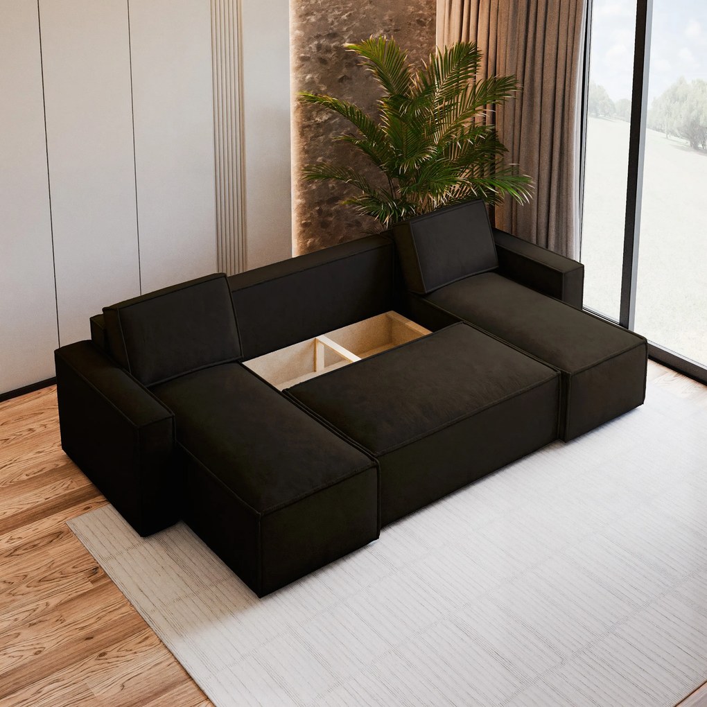 Masseno Narożnik PESANO z funkcją spania i pojemnikiem na pościel Narozniki U, Rozkładana sofa - Brązowy, MONOLITH 29