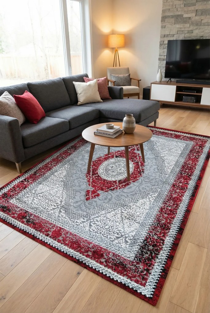 Szaro-czerwony miękki wzorzysty dywan C1-G23