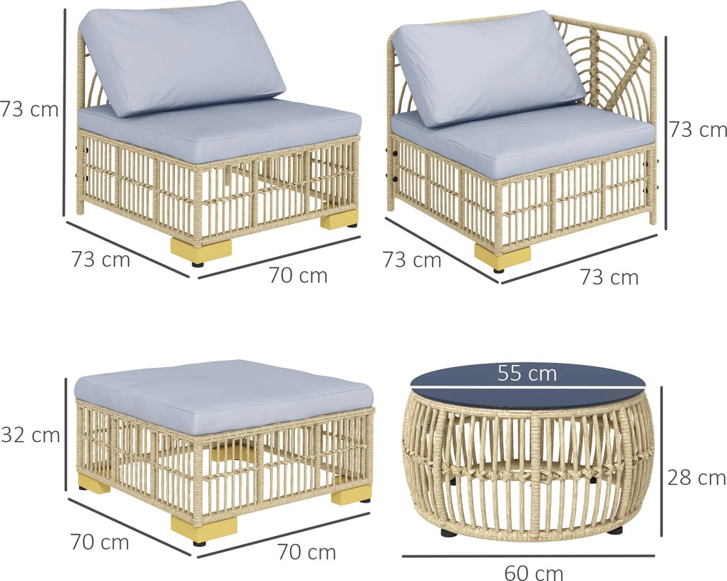 Outsunny Zestaw Mebli ogrodowych, 5-częściowy, z poduszkami do siedzenia, Syntetyczny rattan, rama ze stali nierdzewnej, Szary