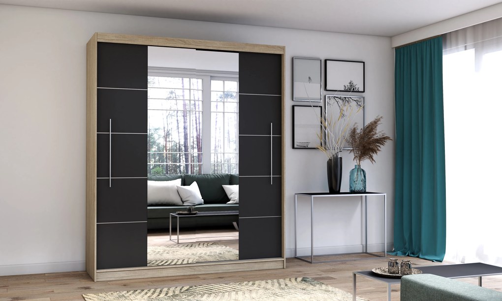 Szafa przesuwna TORINO z lustrem 203 cm sonoma fronty czarny
