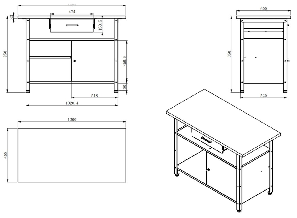 Stół warsztatowy ERIC, 1200 x 850 x 600 mm, czarny