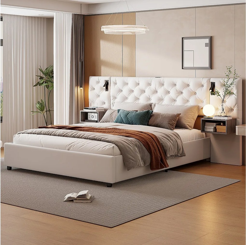 Łóżko tapicerowane 160x200cm z USB i lampką do czytania, łóżko małżeńskie z pojemnikiem, aksamit, beż