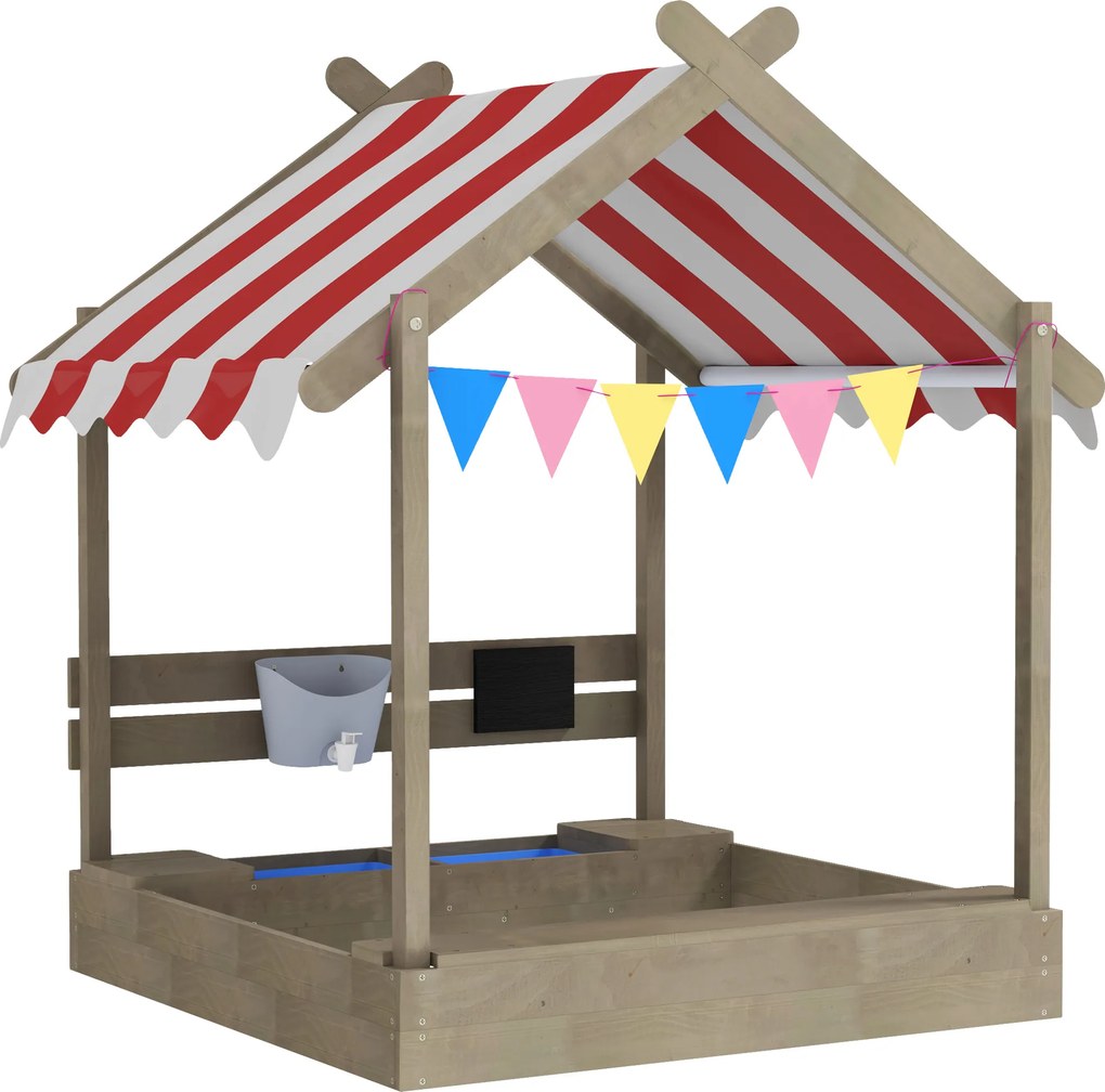 Outsunny Piaskownica z zadaszeniem, design domku do zabawy, zestaw z zabawkami, traktowane drewno solidne, 124 x 116 x 146 cm, szary