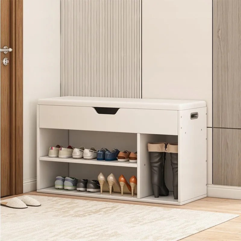 Biała szafka na buty z drewnianym siedziskiem i schowkiem 80 cm