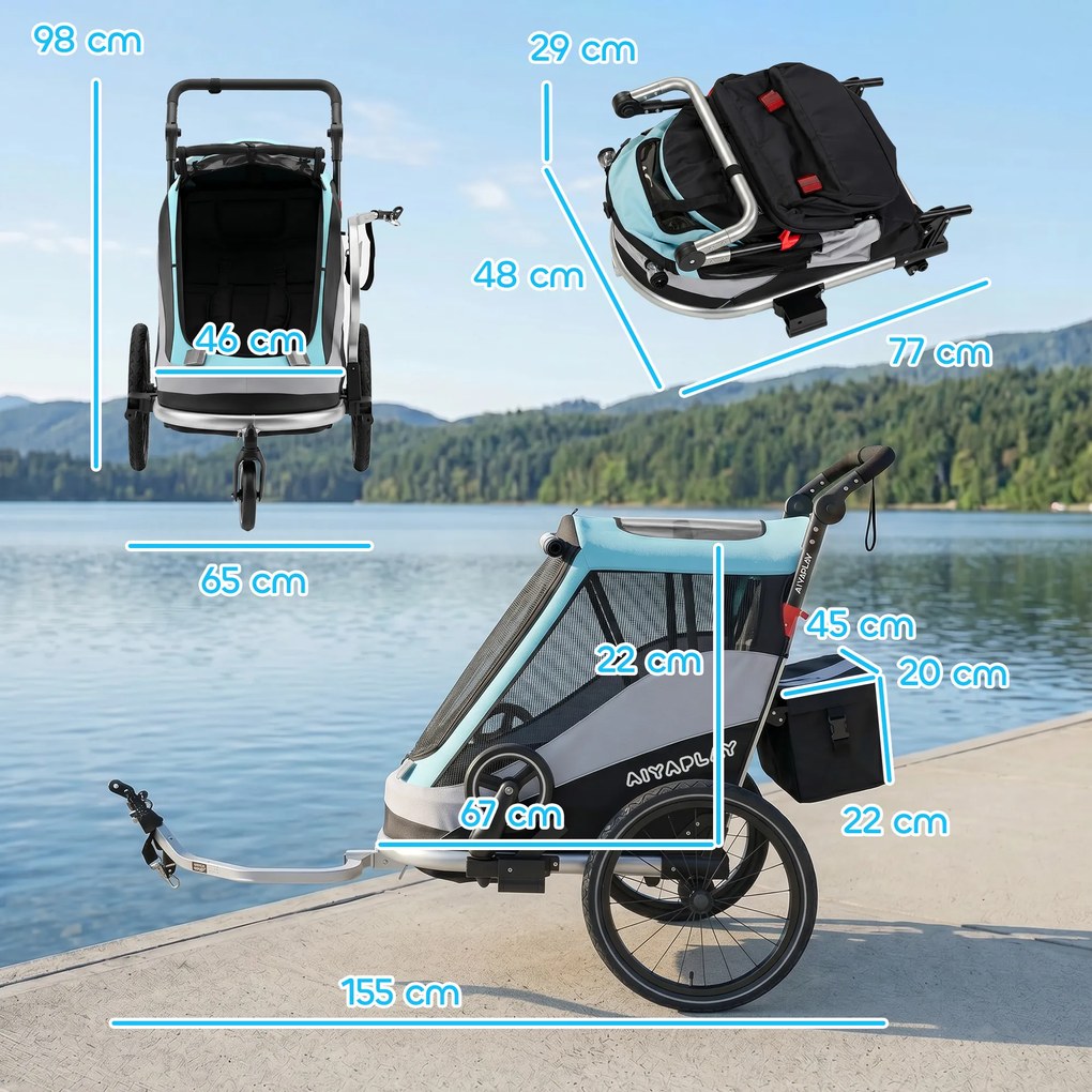 AIYAPLAY 2 w 1 przyczepka rowerowa i wózek składana, przyczepka dla dzieci z pasem 5-punktowym, odblaskami, pneumatycznymi oponami 40,64 cm, hamulec | Aosom PL
