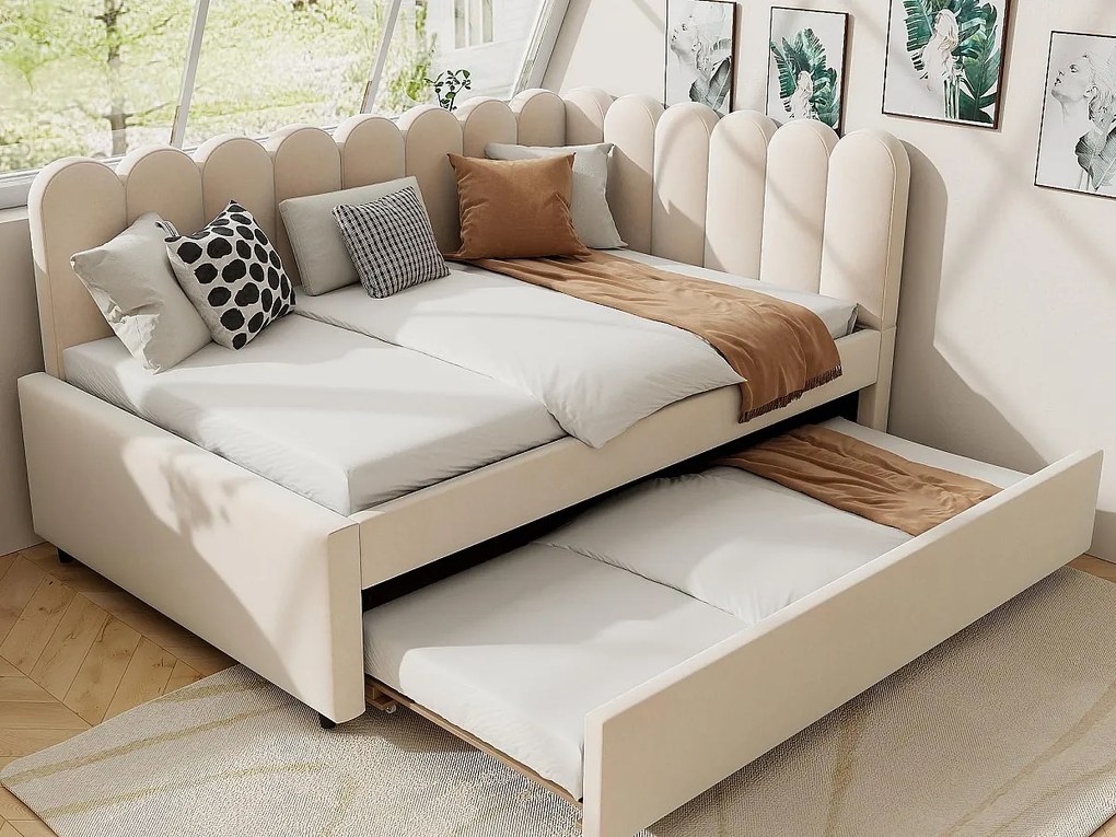 Kanapa rozkładana 140x200 cm - z łóżkiem wysuwanym - welur - beżowy (materac nie jest w zestawie)