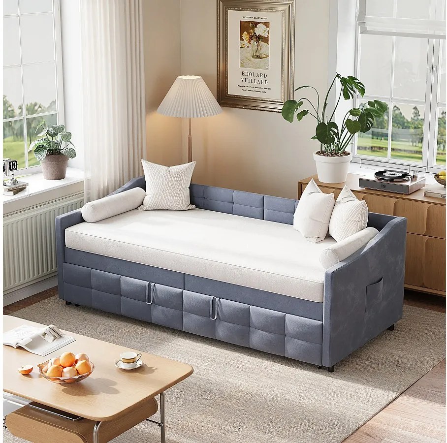 Łóżko kabinowe 90×200 cm z litego drewna z tablicą, barierką, 2 szufladami i stelażem z listew – białe – materac nie jest wliczony w cenę