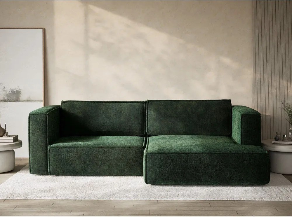 Ciemnozielony rozkładany/ze schowkiem narożnik z tkaniny szenilowej (prawostronny/z szezlongiem) Velto – Maison de Rêve