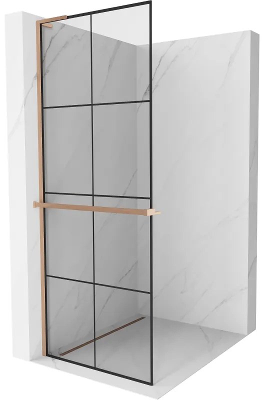Mexen Kioto+ L ścianka prysznicowa z półką Walk-in 80 x 200 cm, czarny wzór, miedź szczotkowana - 800-080-123-65-77