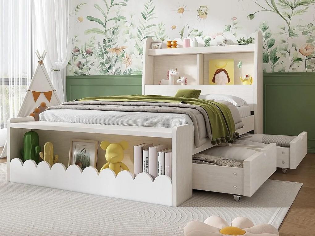 Łóżko proste drewniane 90x200cm - z 2 szufladami i półkami - Białe (materac nie jest w zestawie)