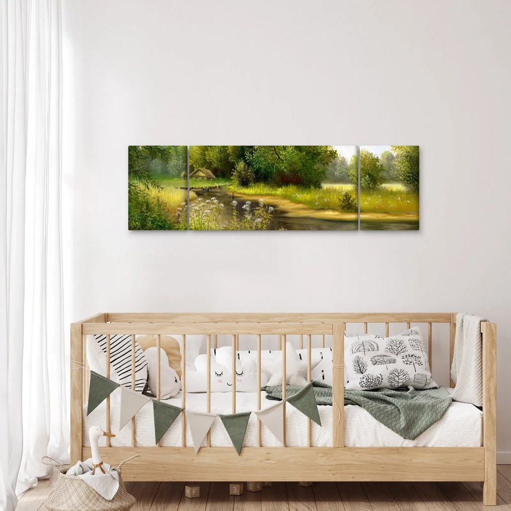 Obraz - Rzeka przy lesie, obraz olejny (170x50 cm)