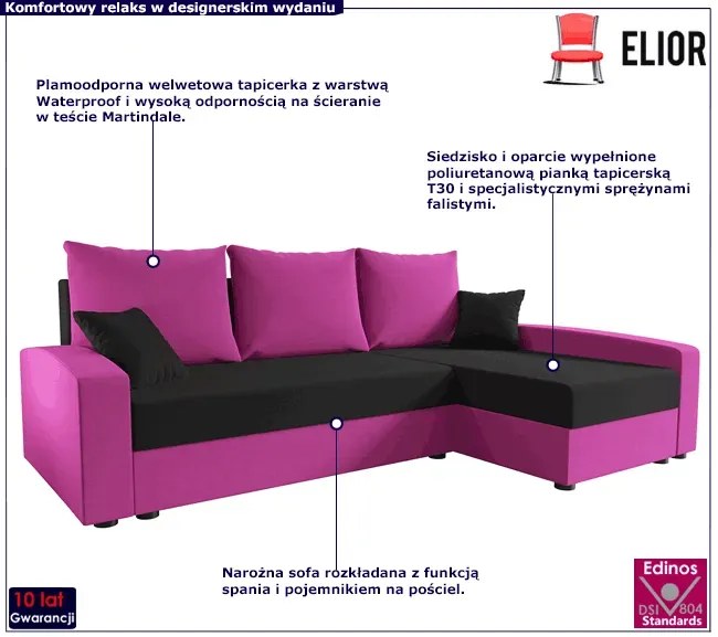 Narożnik rozkładany purpurowy + czarny S7-E25